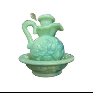 Vintage Avon 1978 Victorian Rose Pitcher Mini Wash Basin Green Jadeite Swirl